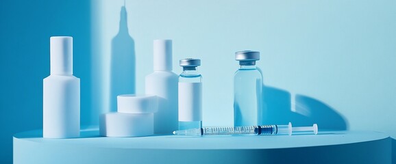 Obraz premium Medical supplies including vials, syringes, and containers on a blue background.