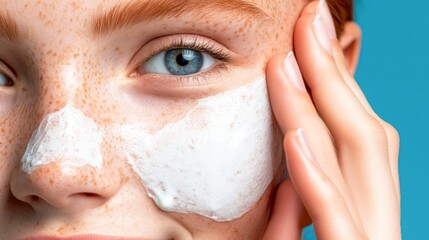 A close-up of a person applying a cream mask to their face, highlighting natural skin texture and beauty, This image is ideal for skincare products, beauty tutorials, and wellness promotions,