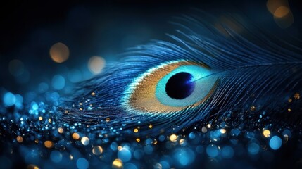 Close-up of a vibrant peacock feather on a sparkling blue background.