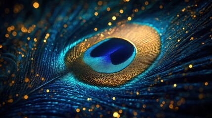 Fototapeta premium Close-up of a vibrant peacock feather with gold glitter.