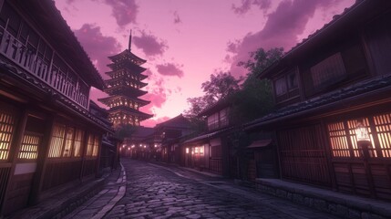 Obraz premium Japanese village street at sunset with pagoda.