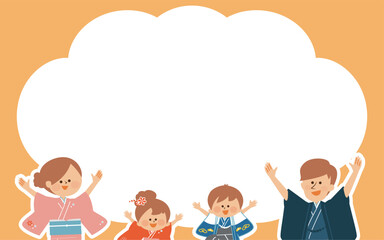 正月　七五三　日本の着物を着た家族のイラスト