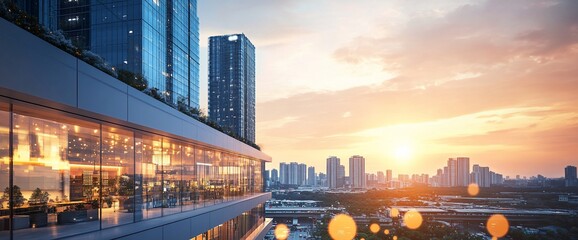 Fototapeta premium Modern cityscape at sunset with sleek buildings and urban skyline.