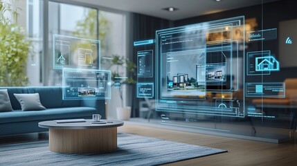 Modern living room with digital interfaces showcasing architectural designs.