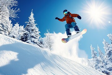 wide shot of snowboarder mid-air while performing trick over snowy mountain slope bright sunlight illuminating scene