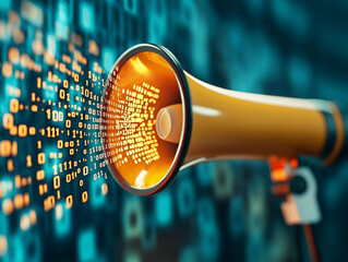 A vibrant megaphone emits binary code against a digital background, symbolizing communication in the age of technology.