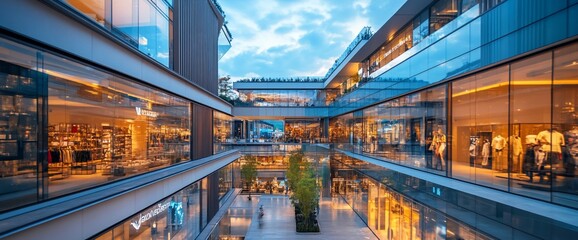 Fototapeta premium Modern shopping center with glass facades and vibrant retail spaces.