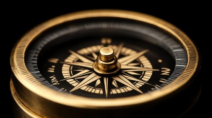 Close-up of antique brass compass.