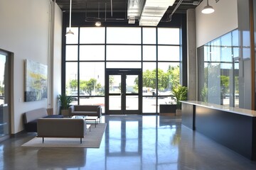 Fototapeta premium modern creative workspace with open-plan design large and minimalist furniture located in trendy urban district