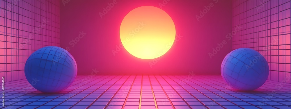 Poster synthwave scene with sphere and sun.