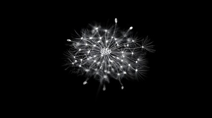 Naklejka premium White dandelion seeds on black.