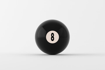 Number eight pool ball resting on white surface