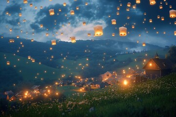 quiet village nestled in rolling hills under surreal sky filled with floating lanterns