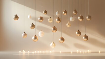 Elegant gold and white Christmas ornaments hanging gently
