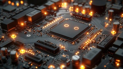 Close-up of illuminated computer motherboard with CPU.