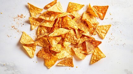 vibrant mix of tortilla chips with visible seasoning scattered symmetrically on matte white surface under bright natural