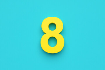 Yellow number eight on blue background