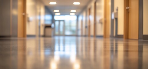 A blurred view of a hallway with doors and soft lighting.