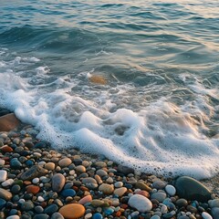 Pebbly beach with colored stones under foamy waves on a warm evening.