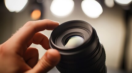close-up of hand adjusting focus ring on camera lens with blurred studio lights behind