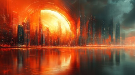 Obraz premium Fiery cityscape reflected in still water.