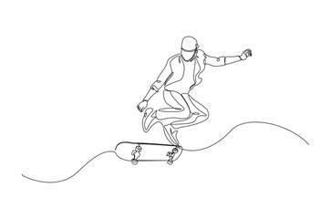 Man playing skateboard continuous one line drawing. Skateboard player single line art illustration. Editable vector.