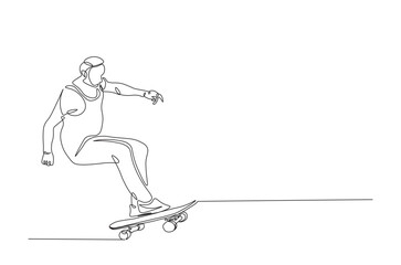Man playing skateboard continuous one line drawing. Skateboard player single line art illustration. Editable vector.