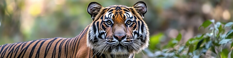 Obraz premium close-up of endangered bengal tiger in its natural habitat standing tall in forest with its striking fur visible surrounded
