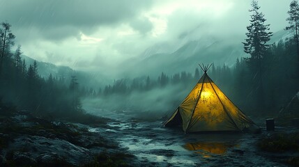 Illuminated Teepee Under Rainy Mountain Sky