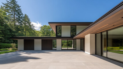Modern architectural design featuring a spacious exterior with natural surroundings in daylight