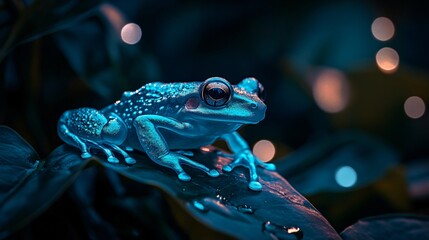 Bright Blue Frog on Leaf with Bokeh Lights in Background at Night