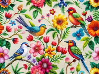 Seamless Floral Print, Digital Embroidery, Birds & Leaves