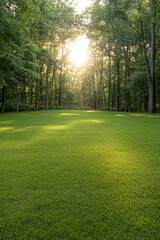 Obraz premium Sunlight filters through trees over a lush green lawn in a serene woodland setting