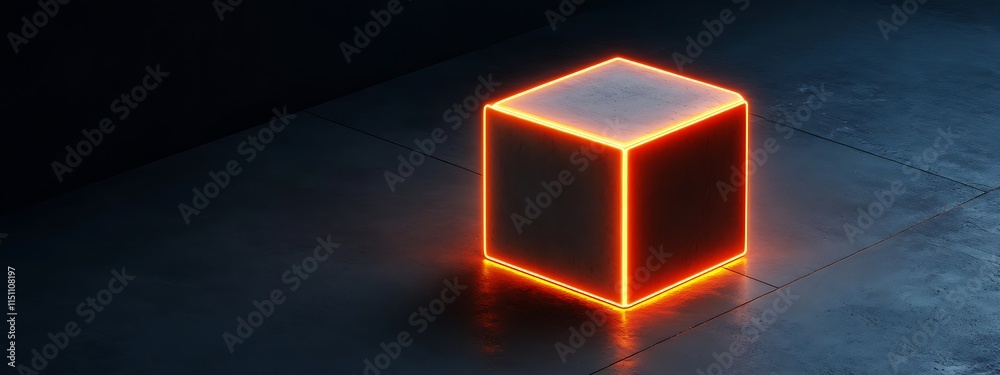 Poster glowing cube on dark surface.