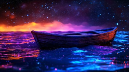 Fototapeta premium Ethereal Boat Floating on Vibrant Cosmic Water at Night