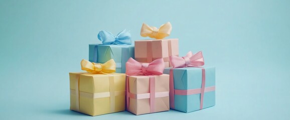 Obraz premium A collection of colorful gift boxes stacked with bows on a blue background.