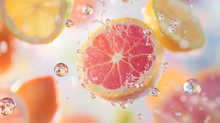 Splashing Citrus Fruits with Water Droplets in a Vibrant Background