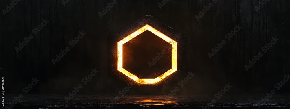 Poster glowing hexagon on dark surface.