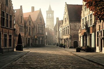 Obraz premium quiet village square in bruges belgium with medieval buildings and cobblestone streets
