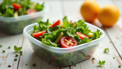 Salad container mockup filled with fresh vegetables on a rustic background for food packaging design concept