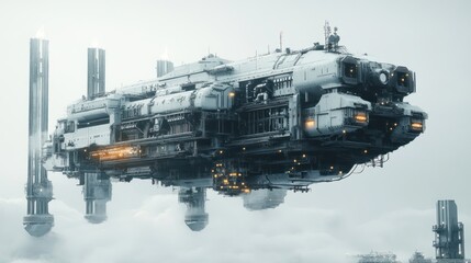 A concept art of a flying stock cracker factory, suspended by massive thrusters, processing materials mid-air,