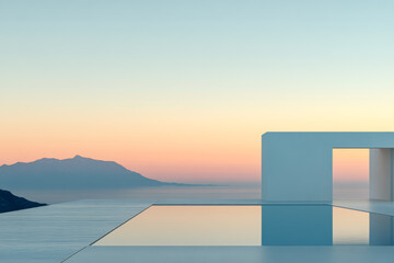 Fototapeta premium Tranquil sunset overlooking mountains from a modern infinity pool