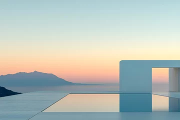 Gardinen Tranquil sunset overlooking mountains from a modern infinity pool © JuanM