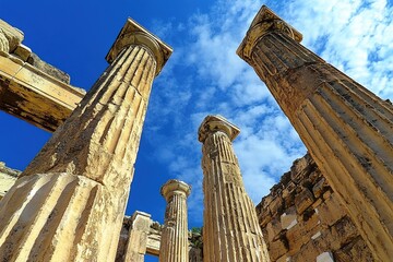 ancient greek temple in athens greece with towering columns against bright blue sky