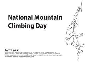 Person doing an extreme sport climbing a rocky mountain continuous one line drawing. climber lifestyle and rock climbing single line art illustration. Editable vector.