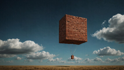 Surreal landscape with block of bricks floating over landscape. Achieving impossible and miracle concept. Copy space.