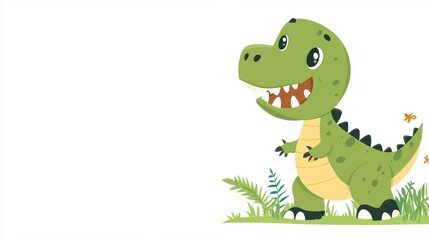 A cheerful cartoon dinosaur stands amidst greenery, featuring a bright green body, playful expression, and a friendly demeanor.