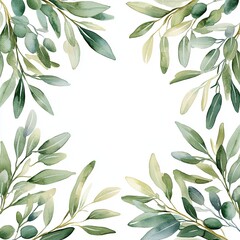 Minimalist Greenery Frame with Watercolor Leaves, Delicate watercolor frame of soft green leaves, creating a natural and elegant design, perfect for invitations, cards, or decor.

