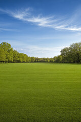 Expansive green field under a clear blue sky with a hint of clouds in the distance
