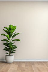 Fototapeta premium Indoor potted plant adds greenery to minimalist room decor with light-colored walls and wooden floor